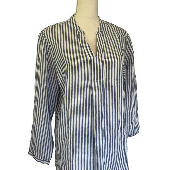LL Bean 100% Linen Striped V Neck Pullover Tunic Top Size LP Blue Nautical NWT - Picture 2 of 7